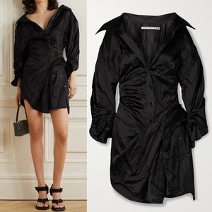 New Alexander Wang Ruched Crinkled-satin Mini Shirt Dress In Black